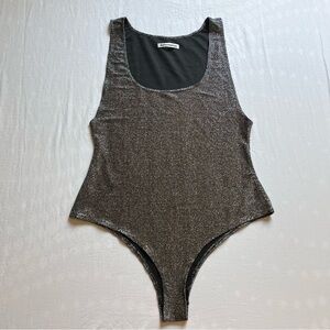 Reformation silver glitter metallic sleeveless square neck knit bodysuit